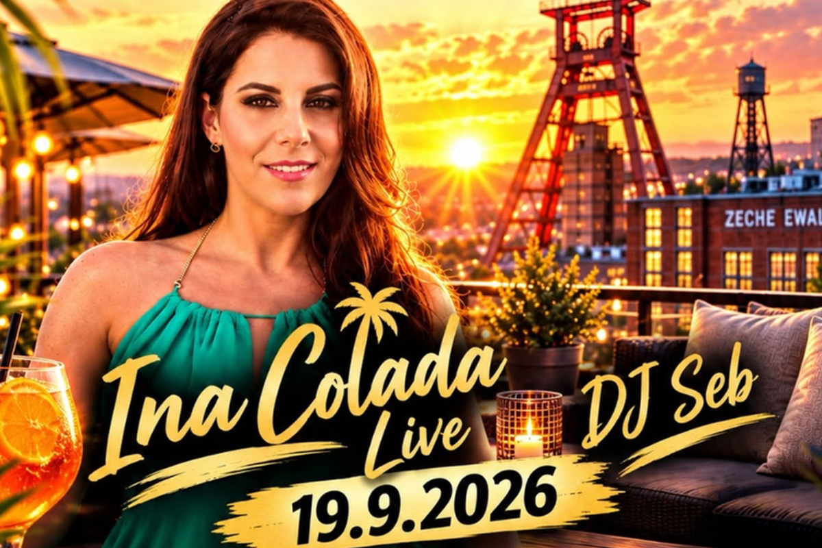 Frau auf Rooftop bei Sonnenuntergang vor Industrielandschaft; Plakattext: Ina Colada Live, DJ Seb, 19.9.2026
