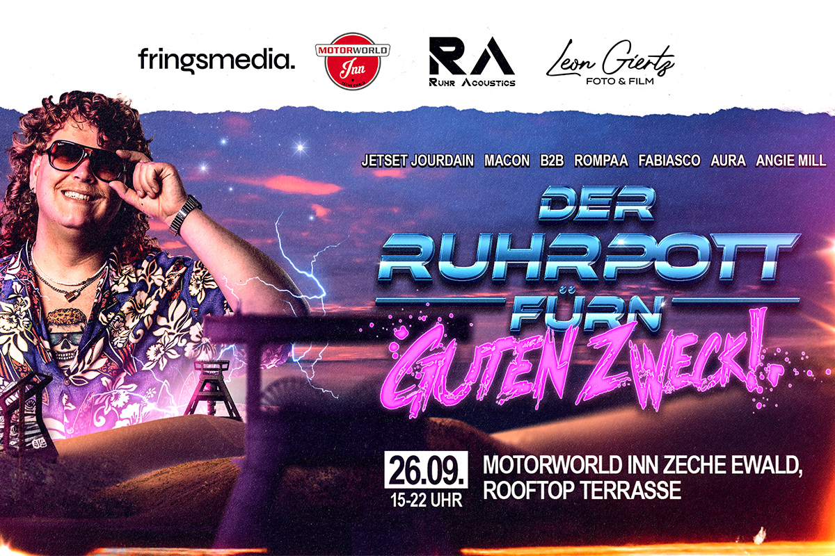 Werbeplakat für „Der Ruhrpott fürn guten Zweck!“ mit DJs, Termin 26.09., 15–22 Uhr, Motorworld Inn Zeche Ewald